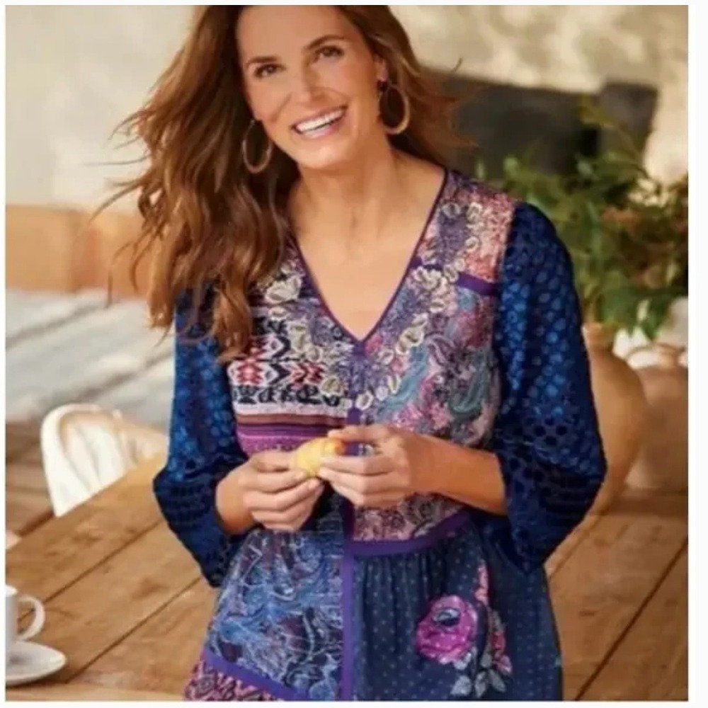 Soft Surroundings All Together Patchwork Boho Tunic Top SZ M Beading Embroidery - Picture 2 of 9